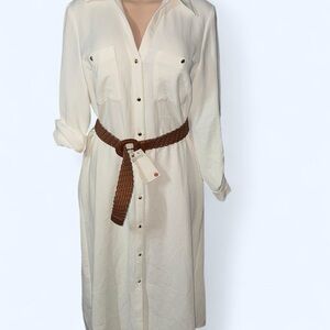 Zara Cream Long Sleeve Dress with Brown Belt